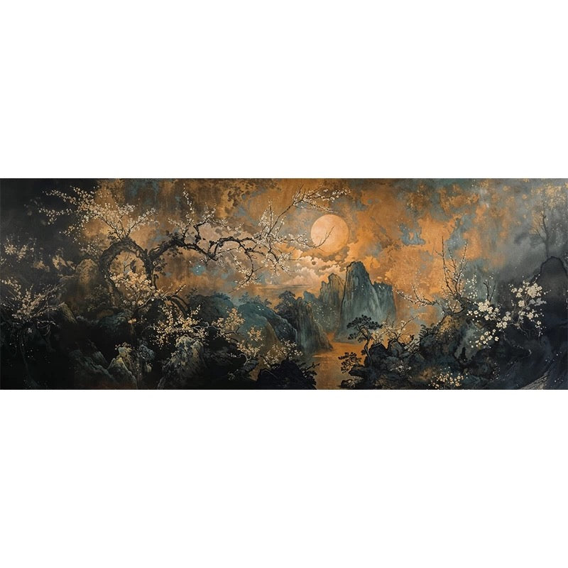 Midnight Plum Blossom & Golden Moon Chinoiserie Wall Mural - Japanese Landscape Art Wallpaper
