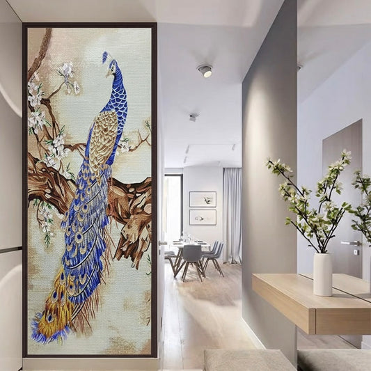 Regal Peacock & Cherry Blossom Glass Mosaic Mural - Custom Luxury Art