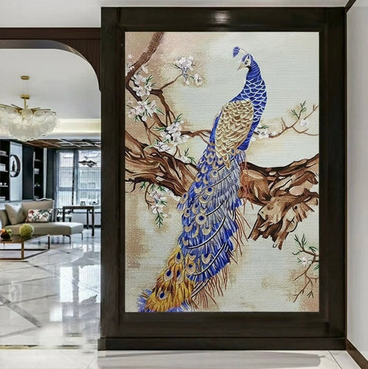 Regal Peacock & Cherry Blossom Glass Mosaic Mural - Custom Luxury Art