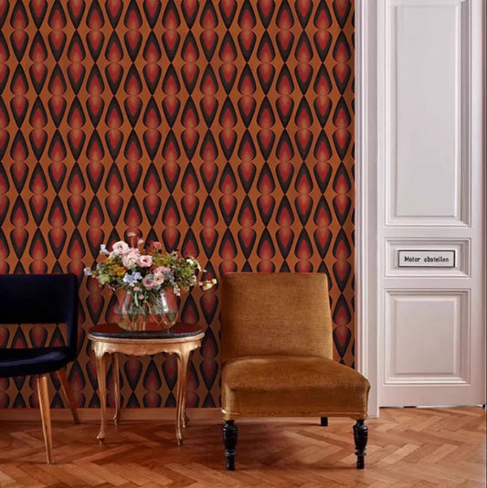 Patterned wallpaper with a chair and table in a room