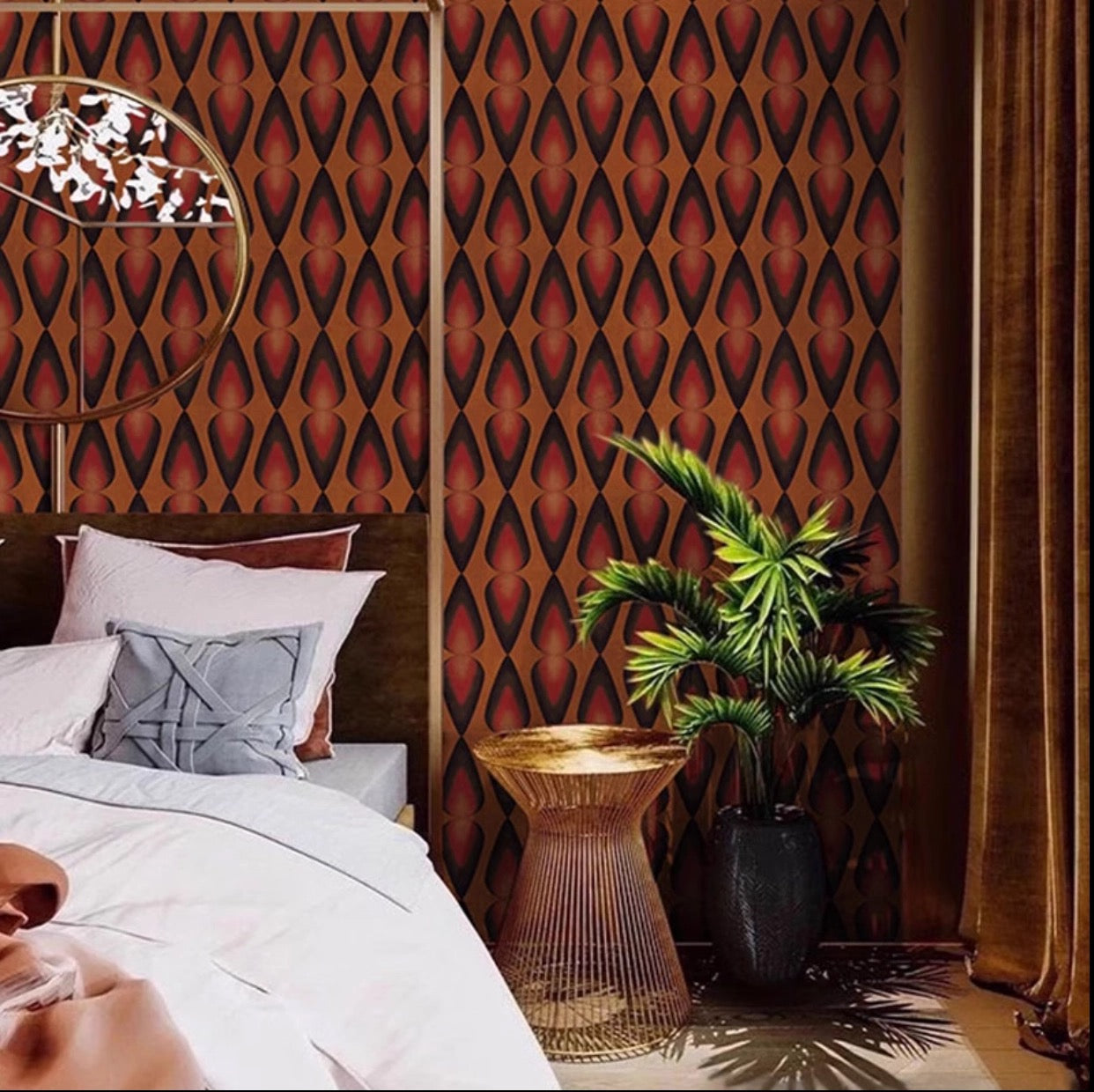Decorative bedroom with geometric patterned wall, bed, and plant.
