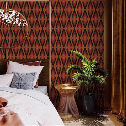 Decorative bedroom with geometric patterned wall, bed, and plant.