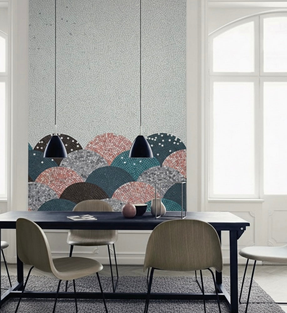Dining room with a mosaic mural featuring wavy patterns in blue, pink, and gray.