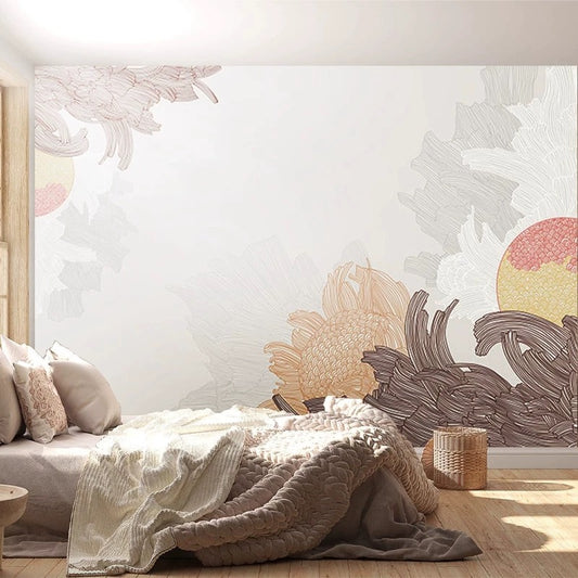 Decorative wall mural with abstract floral design in a bedroom setting.