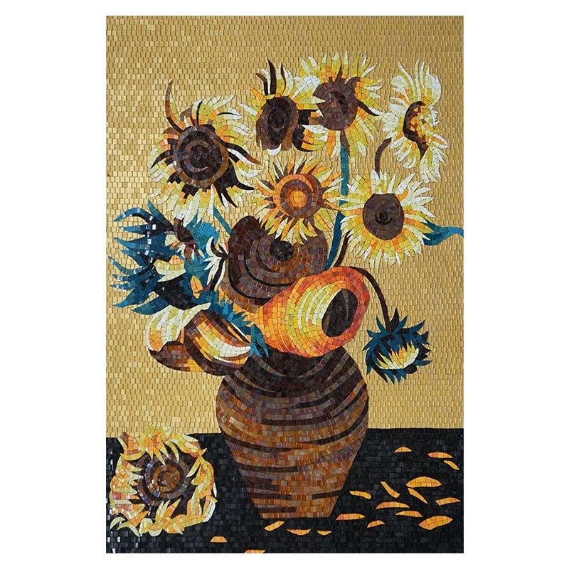 Mosaic mural with sunflower design on a beige background