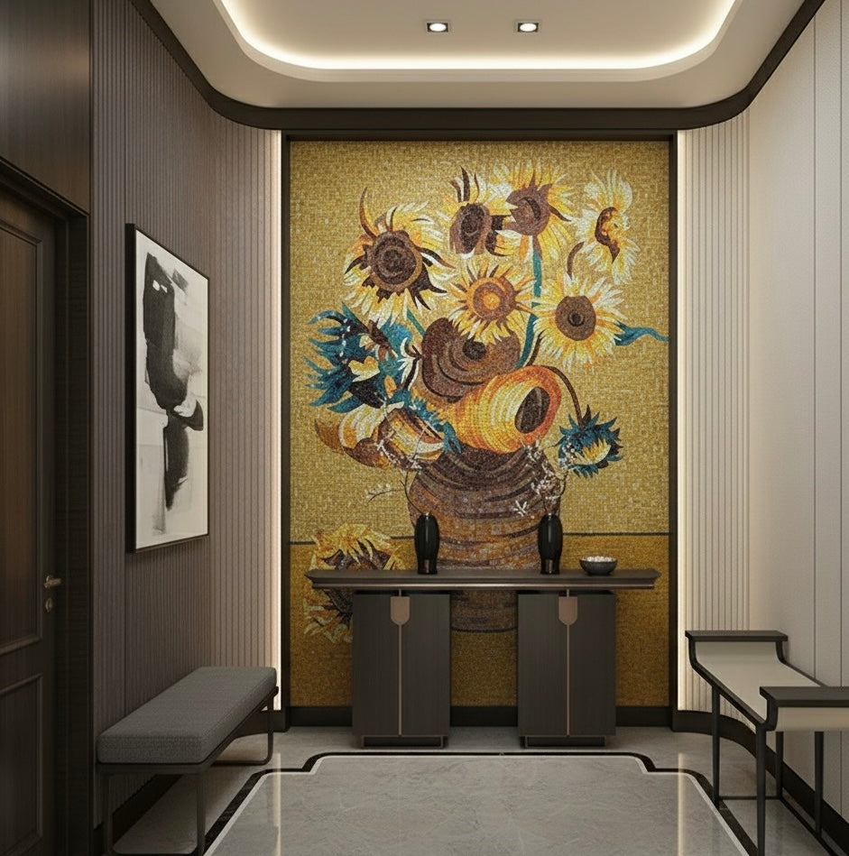 Mosaic wall art of sunflowers in a vase in a modern interior setting.