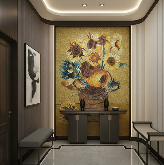Mosaic wall art of sunflowers in a vase in a modern interior setting.