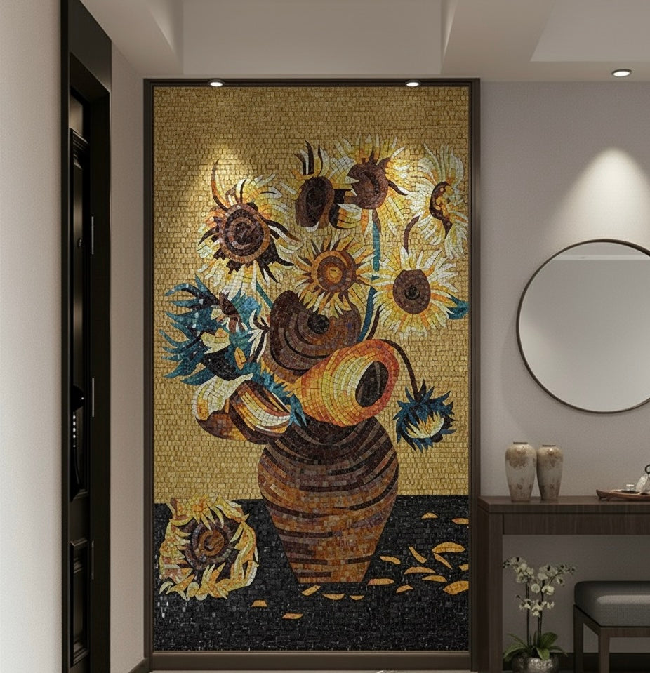 Mosaic artwork of sunflowers and a vase in a room setting