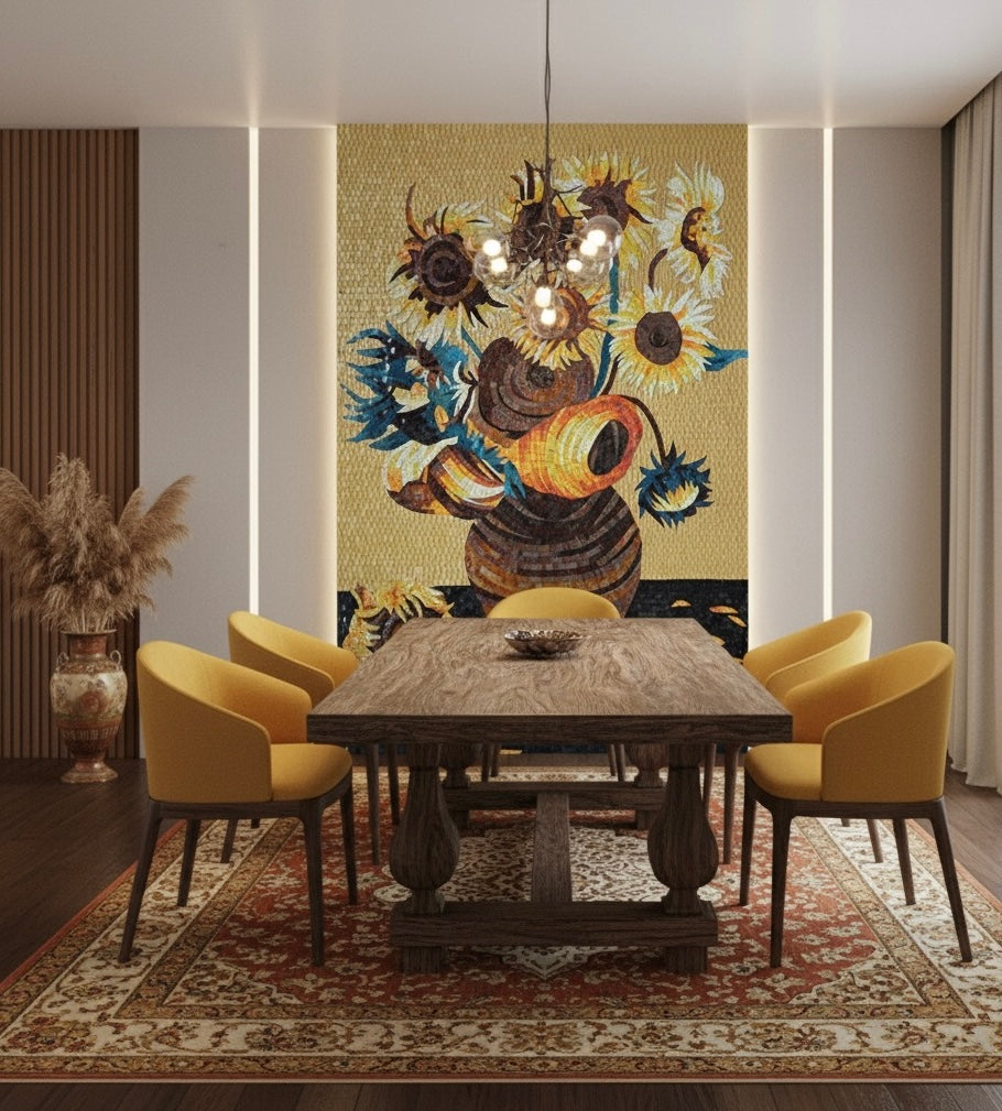 Dining room with a large floral mosaic wall art, wooden table, and yellow chairs.
