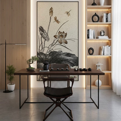 Modern home office with a wooden desk, chair, and large mosaic mural wall art of lotus flowers.