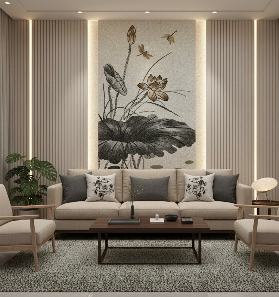 Modern living room with a large wall art mosaic mural of chinese style lotus flowers.