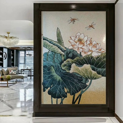 Tranquil Lotus and Dragonfly Glass Mosaic Mural - Custom Zen Art