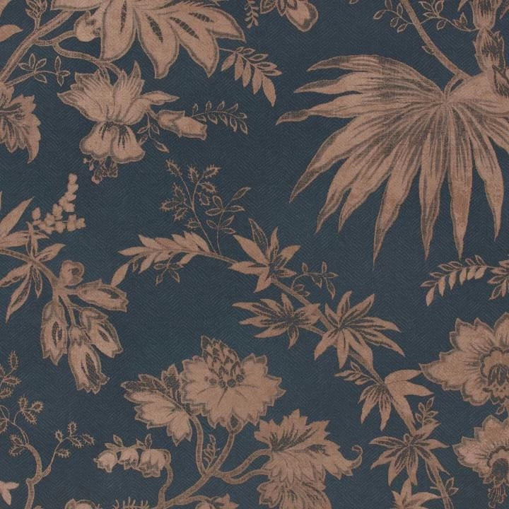 Floral pattern with beige flowers and leaves on a dark blue background