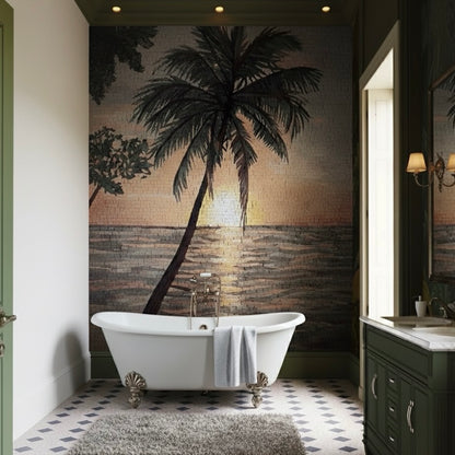 Bathroom with a palm tree mosaic mural on the wall