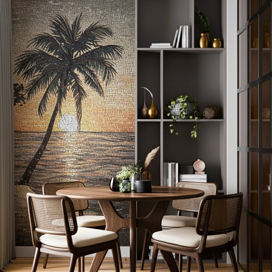 Dining room with a round wooden table and chairs, featuring a palm tree mosaic mural on the wall.