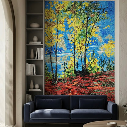 Vibrant Autumn Forest Landscape Custom Glass Mosaic Mural