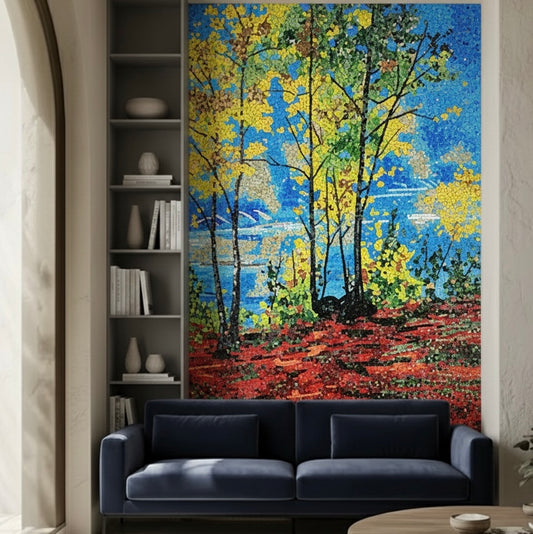 Vibrant Autumn Forest Landscape Custom Glass Mosaic Mural