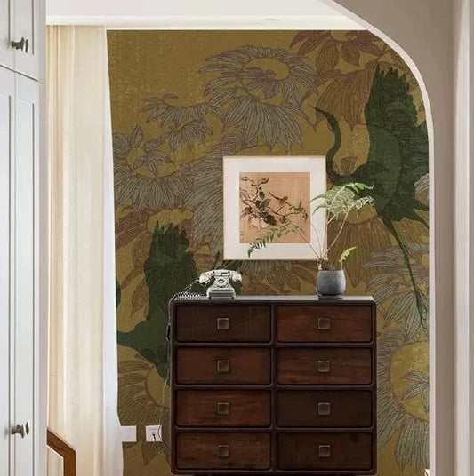 Vintage-style-crane-bird-wallpaper-mural-in-retro-yellow-customizable-to-any-wall-size