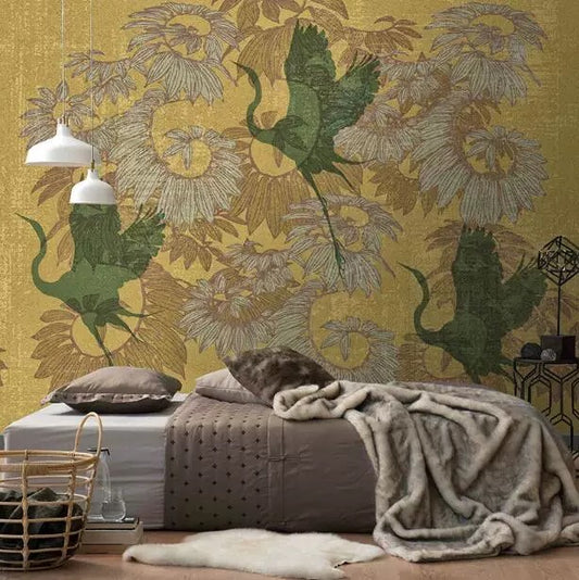 Vintage-style-crane-bird-wallpaper-mural-in-retro-yellow-customizable-to-any-wall-size