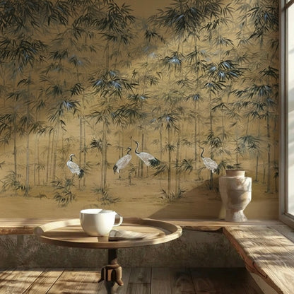 Bright Japandi-style interior featuring a wooden table and vintage oriental crane wallpaper.