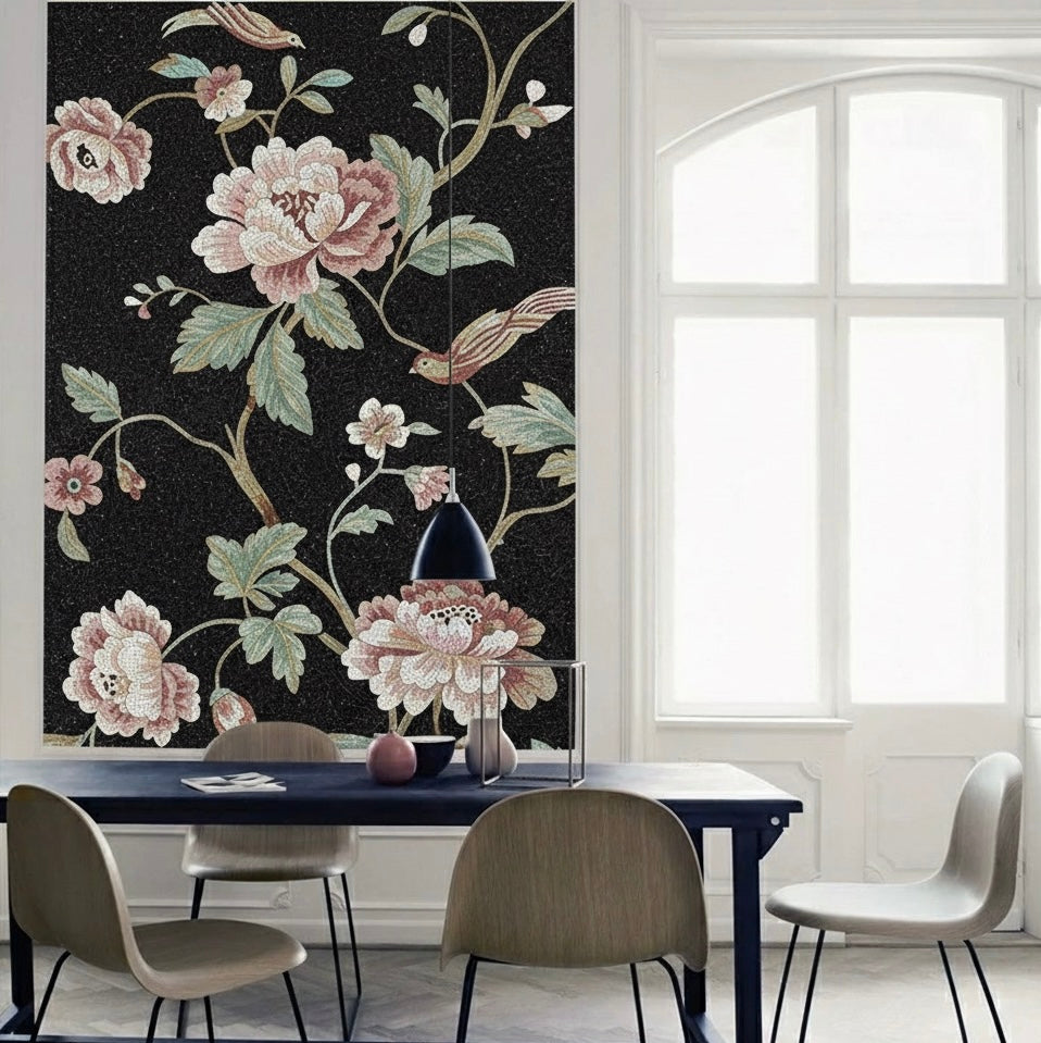 Vintage Chinoiserie Peony and Bird Glass Mosaic Mural - Custom Luxury Art