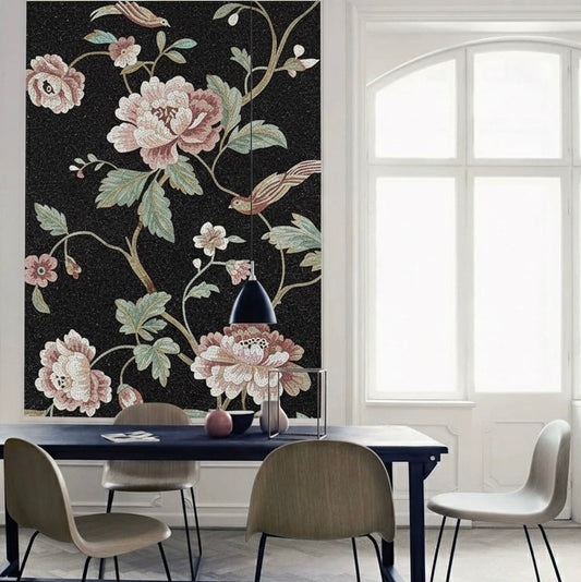 Vintage Chinoiserie Peony and Bird Glass Mosaic Mural - Custom Luxury Art