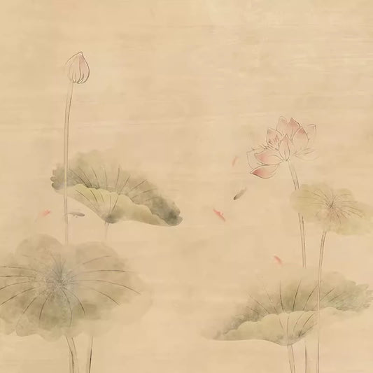 Hand-Painted Style Watercolor Lotus Pond Wall Mural | Tranquil Asian Aesthetic Custom Wallpaper
