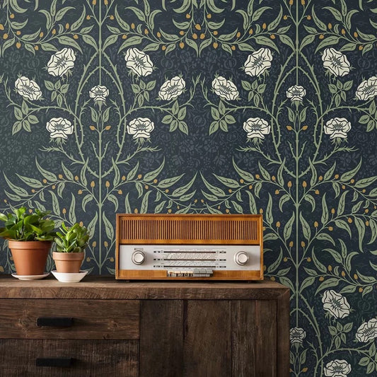 Wild Rose & Thorn Custom Wall Mural - Dark Botanical Pattern Wallpaper