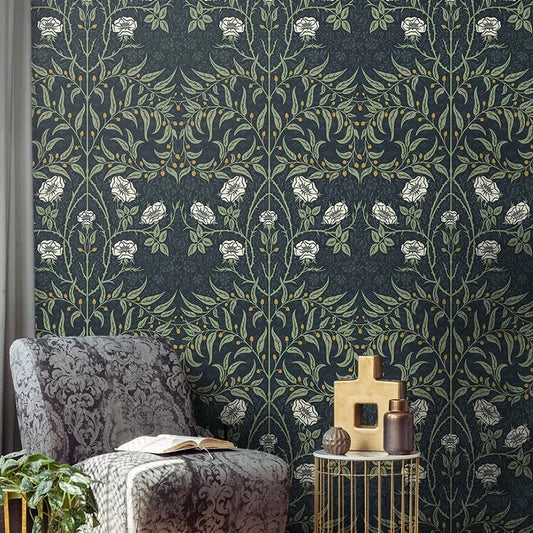 Wild Rose & Thorn Custom Wall Mural - Dark Botanical Pattern Wallpaper