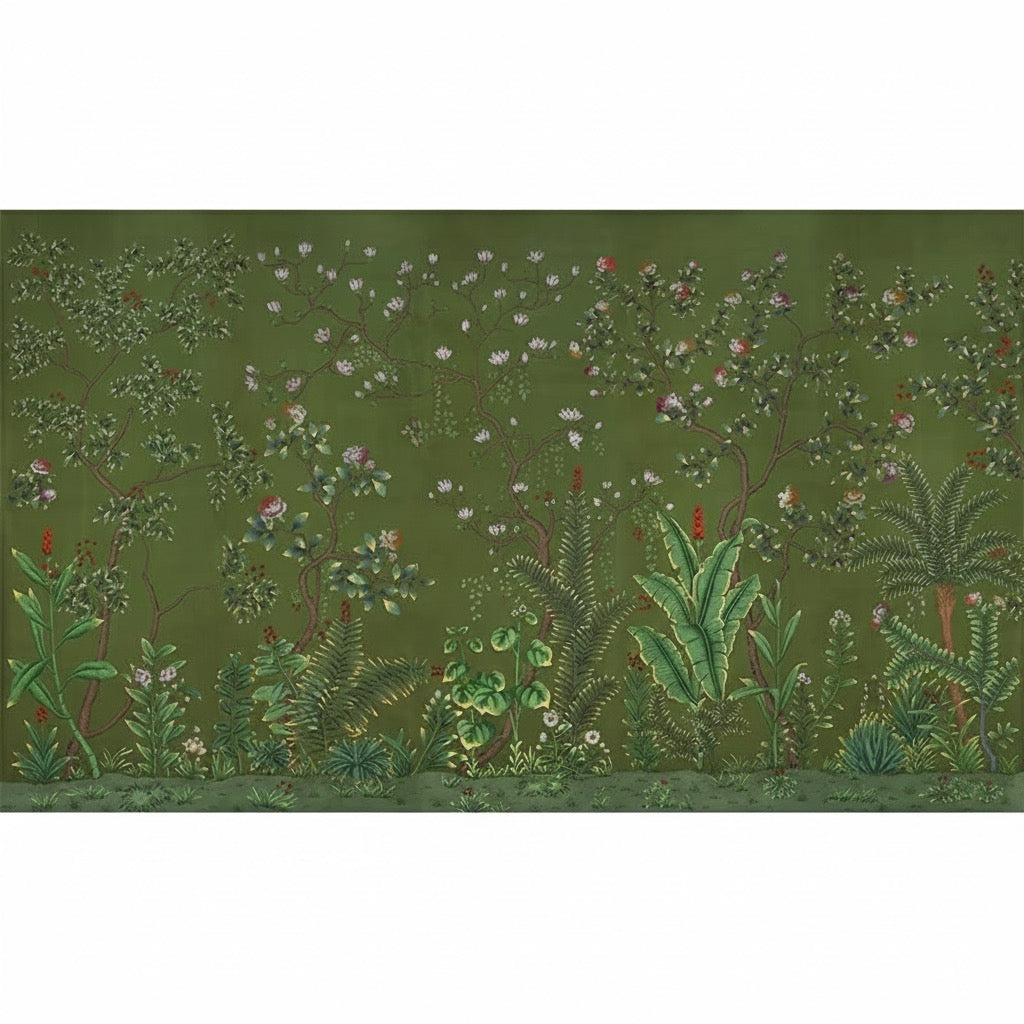 Custom Woodland Scenic Mural | Traditional Dark Green Botanical Wallpaper