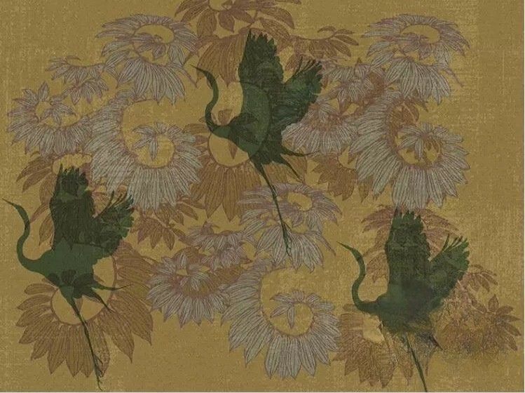Vintage-style-crane-bird-wallpaper-mural-in-retro-yellow-customizable-to-any-wall-size
