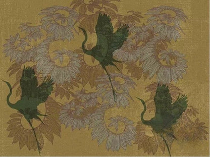 Vintage-style-crane-bird-wallpaper-mural-in-retro-yellow-customizable-to-any-wall-size