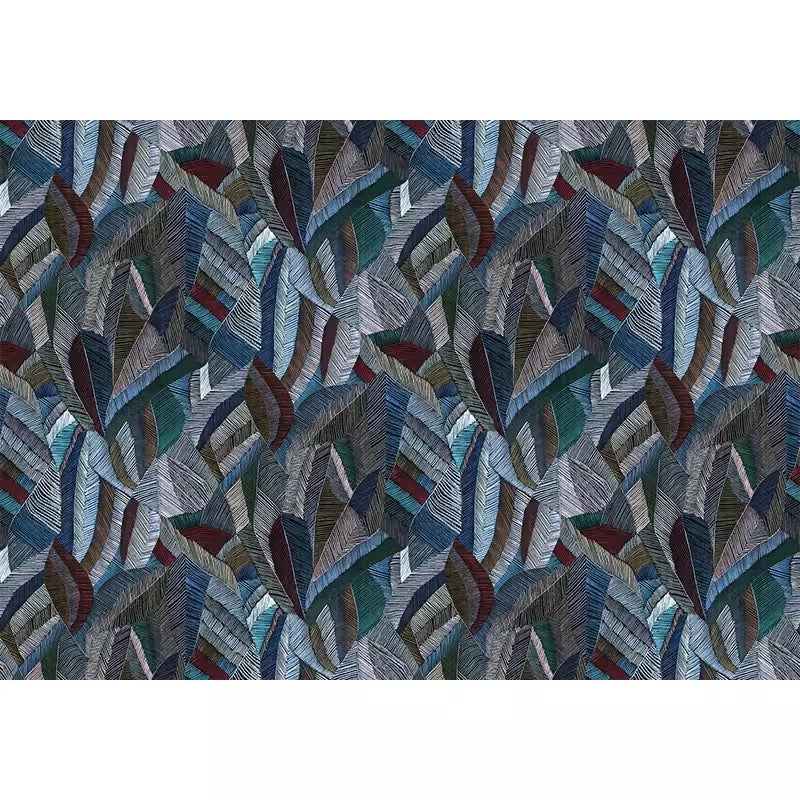 leaf pattern wallpaper in blue, brown, and red on a white background
