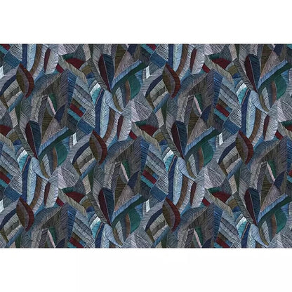 leaf pattern wallpaper in blue, brown, and red on a white background