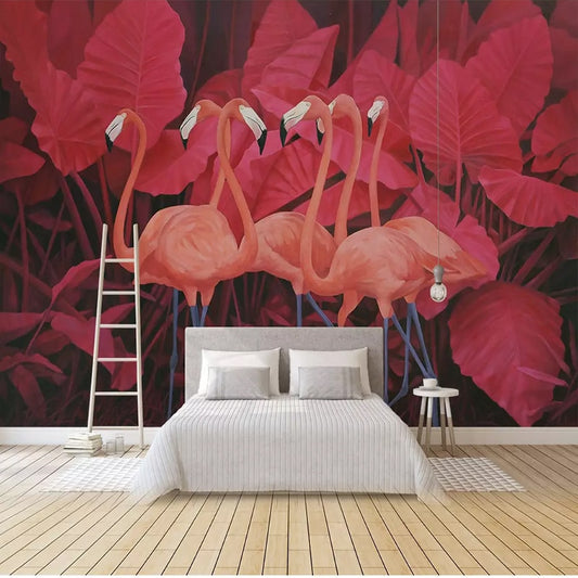 custom-mural-wallpaper-papier-peint-papel-de-parede-wall-decor-ideas-for-bedroom-living-room-dining-room-wallcovering-tropical-Plant-Banana-Leaf-red-flamingo