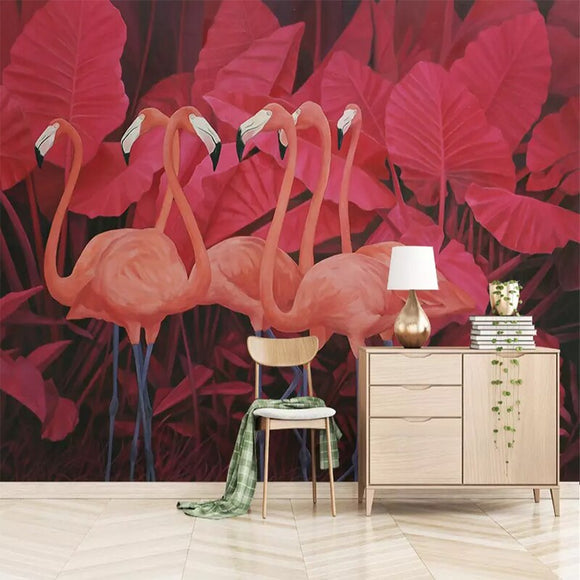 custom-mural-wallpaper-papier-peint-papel-de-parede-wall-decor-ideas-for-bedroom-living-room-dining-room-wallcovering-tropical-Plant-Banana-Leaf-red-flamingo