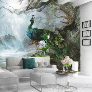 custom-mural-wallpaper-papier-peint-papel-de-parede-wall-decor-ideas-for-bedroom-living-room-dining-room-wallcovering-Beautiful-Peacock-in-Dream-Forest-Home-Decor