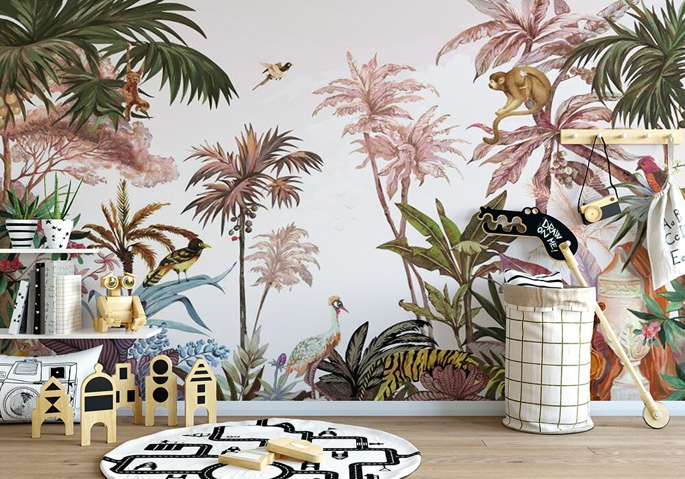 custom-mural-wallpaper-papier-peint-papel-de-parede-wall-decor-ideas-for-bedroom-living-room-dining-room-wallcovering-Tropical-Jungle-Animals-rainforest