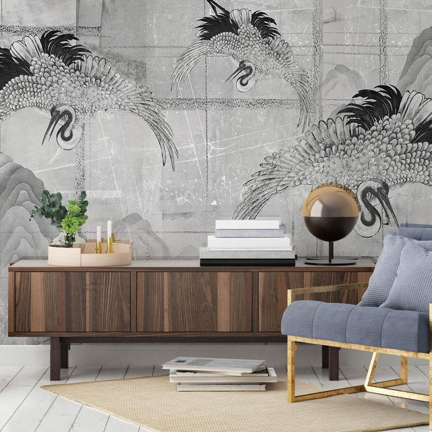 custom-mural-wallpaper-papier-peint-papel-de-parede-wall-decor-ideas-for-bedroom-living-room-dining-room-wallcovering-cranes-black-and-white