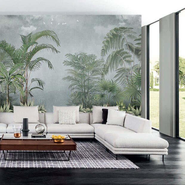 custom-mural-wallpaper-papier-peint-papel-de-parede-wall-decor-ideas-for-bedroom-living-room-dining-room-wallcovering-Red-Retro-Nostalgic-Tropical-Forest-Coconut-Trees-Plant-Toucan-Jungle