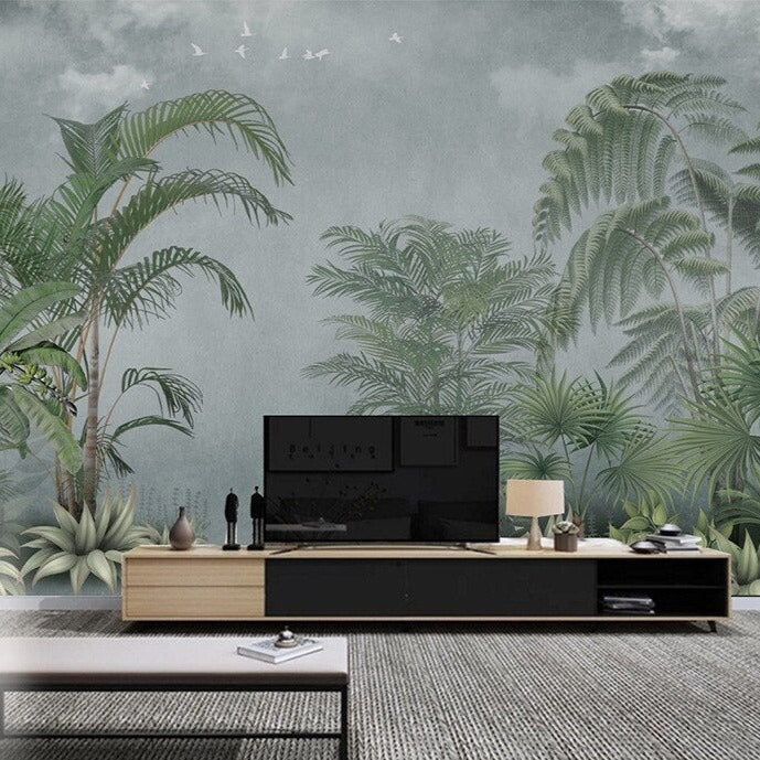 custom-mural-wallpaper-papier-peint-papel-de-parede-wall-decor-ideas-for-bedroom-living-room-dining-room-wallcovering-Red-Retro-Nostalgic-Tropical-Forest-Coconut-Trees-Plant-Toucan-Jungle