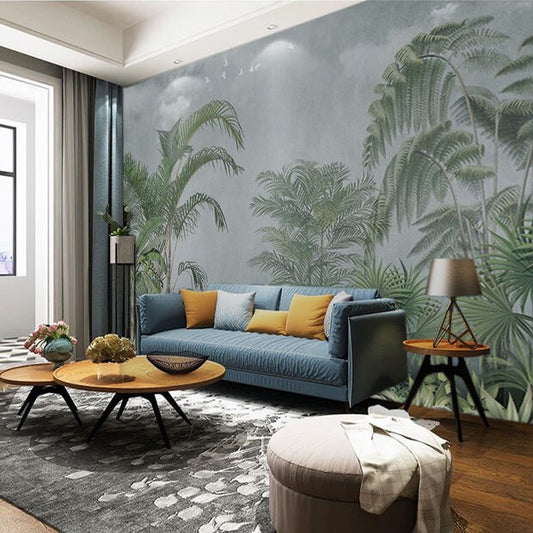 custom-mural-wallpaper-papier-peint-papel-de-parede-wall-decor-ideas-for-bedroom-living-room-dining-room-wallcovering-Red-Retro-Nostalgic-Tropical-Forest-Coconut-Trees-Plant-Toucan-Jungle