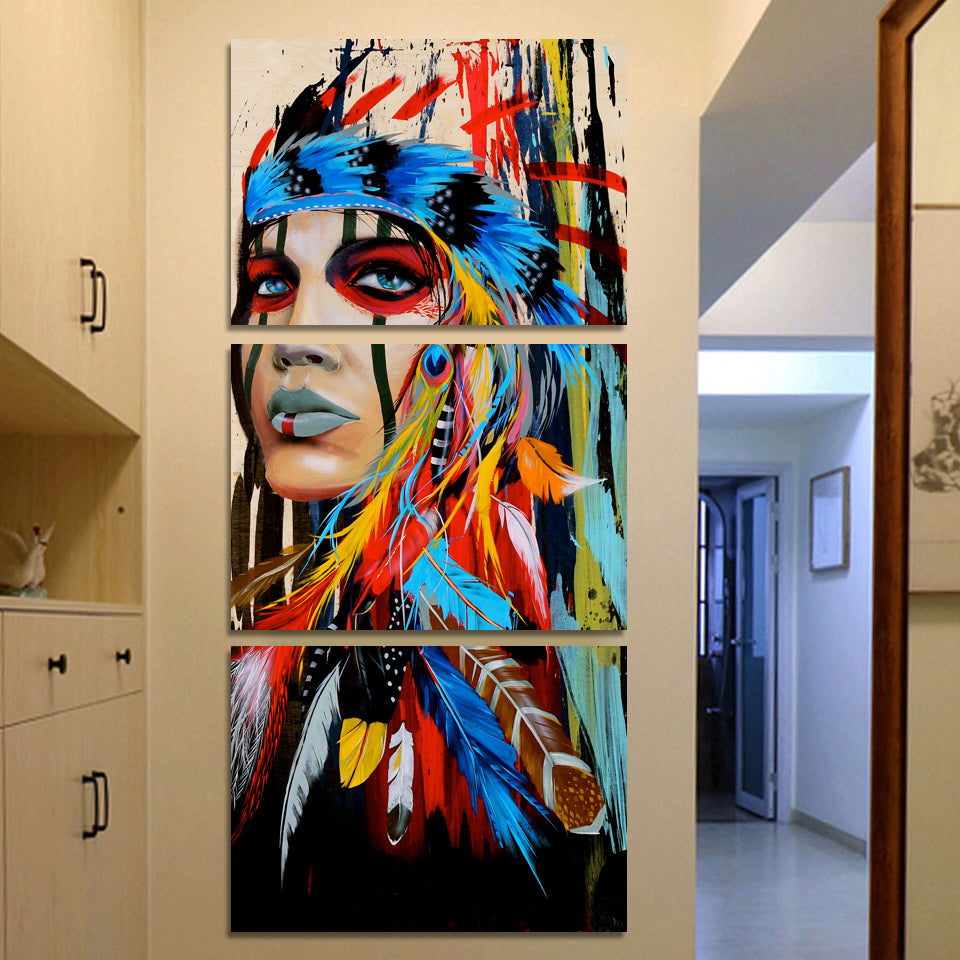 3 Piece Wall Art Native American Indian Girl Wall Decor | BVM Home