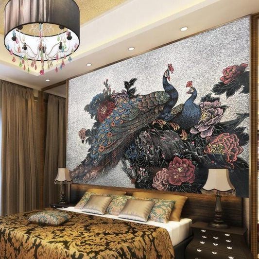 custom-wallpaper-peacock-peony-watercolor-sand-painting-style-new-chinese-style-tv-background-wall-murals-3d-wallpaper