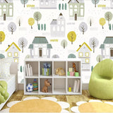 custom-wallpaper-mural-wall-covering-wall-decor-wall-decal-wall-sticker-nursery-decor-kids-room-children's-room-daycare-kindergarten-ideas-cartoon-cute-trees-houses