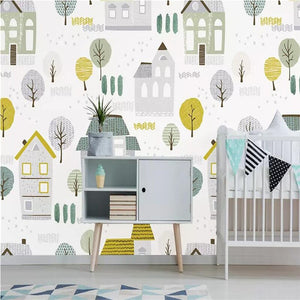 custom-wallpaper-mural-wall-covering-wall-decor-wall-decal-wall-sticker-nursery-decor-kids-room-children's-room-daycare-kindergarten-ideas-cartoon-cute-trees-houses