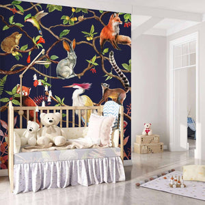 custom-wallpaper-mural-wall-covering-wall-decor-wall-decal-wall-sticker-nursery-decor-kids-room-children's-room-daycare-kindergarten-ideas-chinoiserie-tropical-animals-jungle-forest-papier-peint
