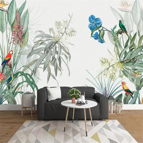 custom-mural-wallpaper-papier-peint-papel-de-parede-wall-decor-ideas-for-bedroom-living-room-dining-room-wallcovering-Tropical-Rainforest-Plants-Flowers-Birds-Landscape