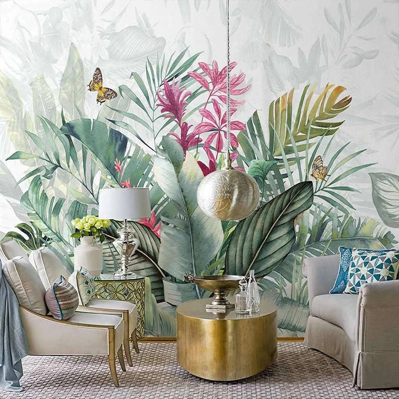 custom-mural-wallpaper-papier-peint-papel-de-parede-wall-decor-ideas-for-bedroom-living-room-dining-room-wallcovering-Hand-Painted-Tropical-Plant-Flower-Banana-Leaf-Abstract-Art-Wall