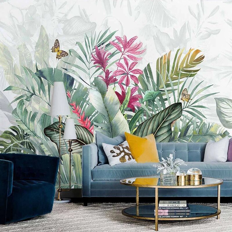 custom-mural-wallpaper-papier-peint-papel-de-parede-wall-decor-ideas-for-bedroom-living-room-dining-room-wallcovering-Hand-Painted-Tropical-Plant-Flower-Banana-Leaf-Abstract-Art-Wall